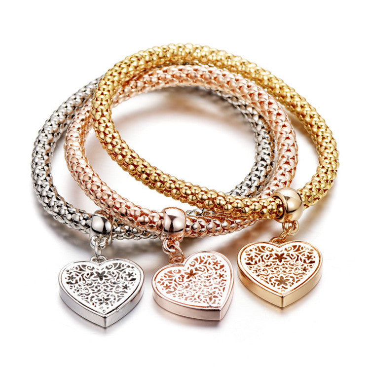 3PC Set Toned Diamond Cut Heart Loe in Heart Bracelet Set