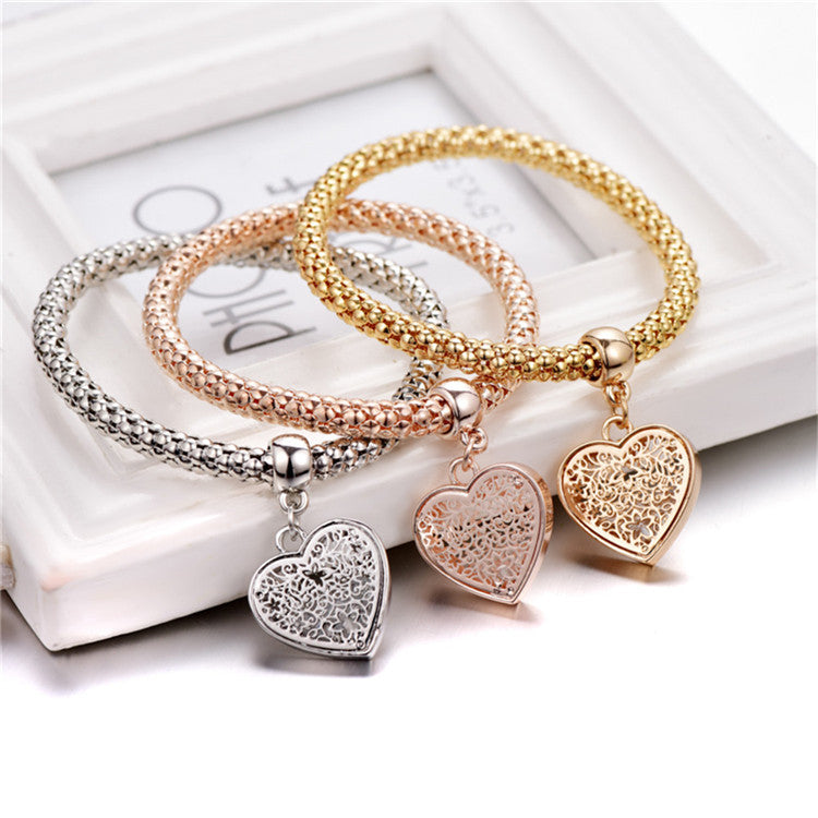 3PC Set Toned Diamond Cut Heart Loe in Heart Bracelet Set